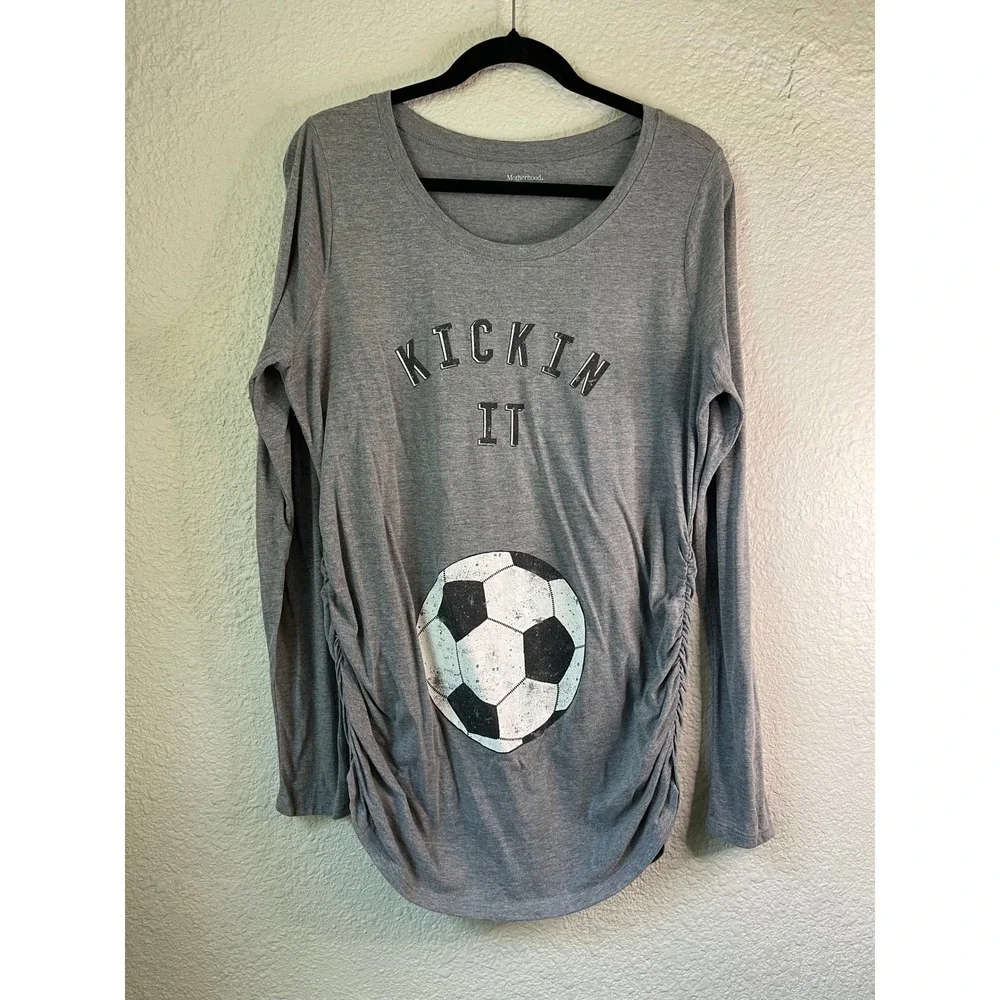 Motherhood Maternity Soccer Graphic Long Sleeve‎ Ruched Sides Top L